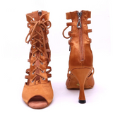 Customized Heel Dance Boots Women Girls Brown Satin Peep Toe Latin Ballroom Tango Salsa Dancing Shoes