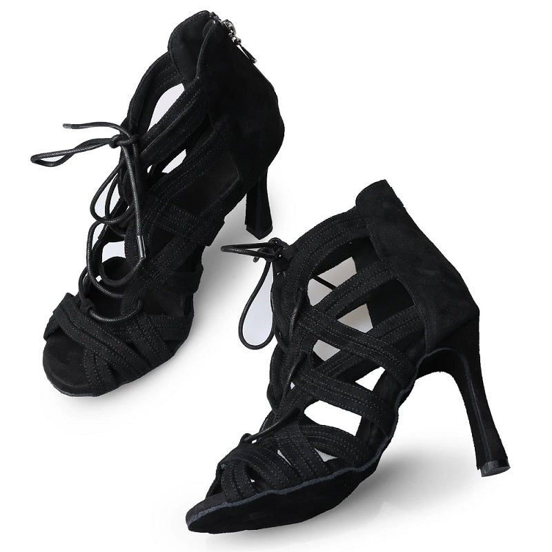 Women Ballroom Latin Dance Boots Soft and Comfortable Suede Salsa Professional Dancing Shoes Lace-Up Sandals