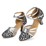 Leopard Glitter Mesh Women's Closed Toe Ballroom Latin Modern Dance Shoes Golden Silver Black