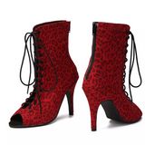 Red Latin Dance Shoes Booties Flocking Ballroom Tango Dancing Shoes
