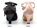 Latin Dancing Shoes Women Satin Mesh Apricot Black Women Ballroom Competition Dance Shoes Closed Toe