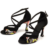Latin Dance Shoes For Women Black African Print Salsa Ballroom Dance Sandals
