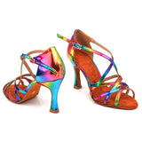 Fashion Latin Ballroom Tango Dance Shoes Rainbow Color PU Women Salsa Dancing Shoes Sandals Soft Bottom
