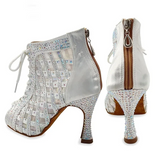 Silver Women Dance Boots Satin Rhinestone Latin Ballroom Salsa Dancing Shoes