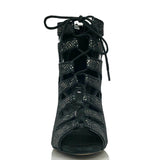 <transcy>Zapatos de baile de salsa de salón latino para mujeres niñas botas negras con punta abierta con estampado de serpiente</transcy>