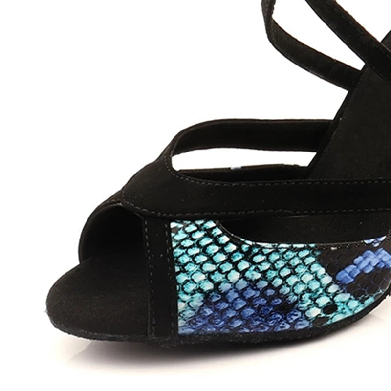 Latin Dancing Shoes For Women Black Suede And Blue Snake Pattern PU Salsa Dance Shoes Women's Ballroom Sandals
