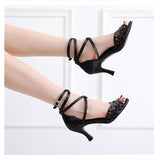 Women Rhinestion Latin Dance Shoes Black Soft Sole Ballroom Salsa Dancing Shoes for Girl Summer Wedding Party Sandals