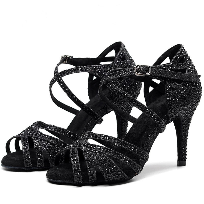 <transcy>Джаз Сальса Обувь для латинских танцев Танцующая женщина Сексуальные туфли на каблуках со стразами Черные туфли</transcy>
