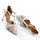 Silver Satin Rhinestone Modern Latin Dance Shoes Wedding Shoes Rhinestone