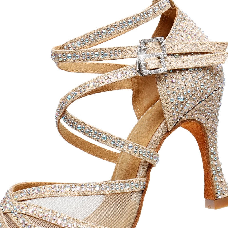 Latin Dance Shoes Gold Glitter Rhinestones Mesh Women's Ballroom Dancing Shoes Salsa Soft High Heel