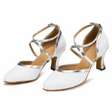 White Modern Dance Shoes Women Girls Pointed Toe Laitn Ballroom Samba Shoes