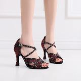 Rhinestone Latin Dance Shoes Red Black Ballroom Salsa Dancing Shoes for Wedding Party Girls Soft Bottom