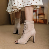 Women Latin Dance Shoes Fashion Peep Toe High Heel Lady Ballroom Salsa Dance Boots Flock Shoes Party