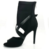 <transcy>Zapatos de baile de salsa de salón latino para mujer, botines negros de licra elásticos con punta abierta</transcy>