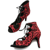 Women Ballroom Dance Boots Lace Up Latin Salsa Tango Dancing Shoes Leopard