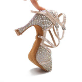 Soft Sole Latin Dance Shoes Tango Salsa Rumba Samba Ladies Pearl Rhinestone High Heels Women Sandals