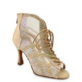 Women's Customized Heel Latin Dance Ankle Boots Ballroom Salsa Dance Shoes Gold Rhinestone