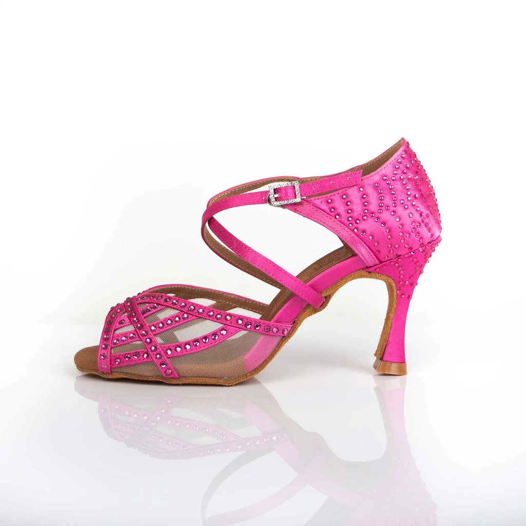 Satin Mesh Dance Shoes Pink Women Customized Heel Latin Ballroom Salsa Dancing Shoes Rhinestone