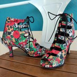 Professional Ballroom Dance Shoes 7cm Ladies Salsa Dance Shoes Suede Small Skull Women Latin Dance Boots Holloween
