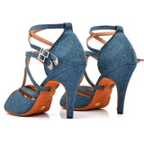 Denim Fabric Dance Shoes Women Heels Professional Latin Salsa Shoes Dance Sandals