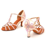 Latin Dance Shoes Women Silver Pink Satin Dance Shoes Salsa Girls Rhinestone Ballroom Dance Shoes