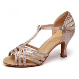 Latin Dance Shoes Women Satin Rhinestone Ballroom Salsa Tango Dancing Shoes Comfortable Party Dance Sandals