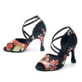 Satin Black Flower Lati Dance Shoes For Women Girls Ballroom Salsa Dancing Shoes