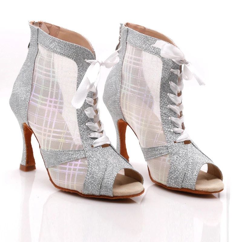Customized Heel Latin Dance Boots Women Girls Ballroom Tango Waltz Dancing Shoes Silver