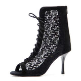 Latin Salsa Women Dance Boots Soft Sole Black Lace Ballroom Tango Dancing Shoes