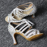 Women Party Dance Shoes Satin Shining Rhinestones Soft Suede Bottom Salsa Dance Shoes Heels White Black