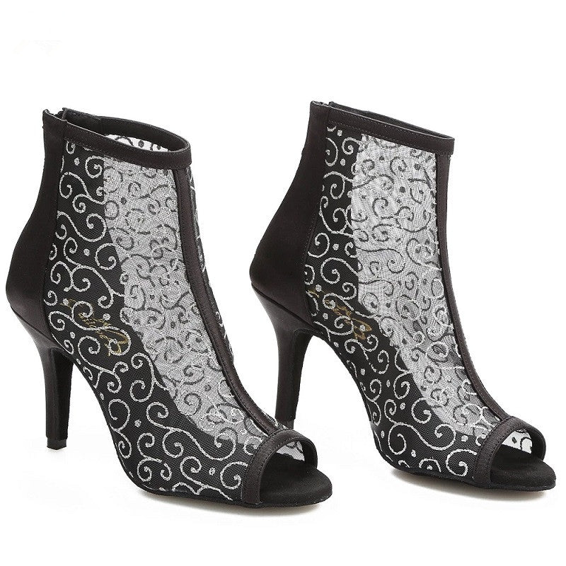 Women's Social Ballroom Latin Salsa Dance Boots Mesh Party Dancing Shoes with Black Satin Back Heel Sandal