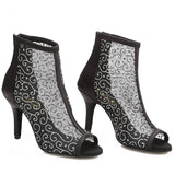 Women's Social Ballroom Latin Salsa Dance Boots Mesh Party Dancing Shoes with Black Satin Back Heel Sandal