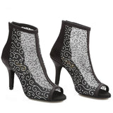 <transcy>Mujer Salón Social Salón de baile Latino Salsa Botas de baile Malla Fiesta Zapatos de baile con Sandalias de tacón en la espalda de satén negro</transcy>
