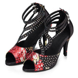 Women Girls Latin Ballroom Dance Shoes Satin Rhinestone Buckle Ankle Strap Salsa Dance Shoes