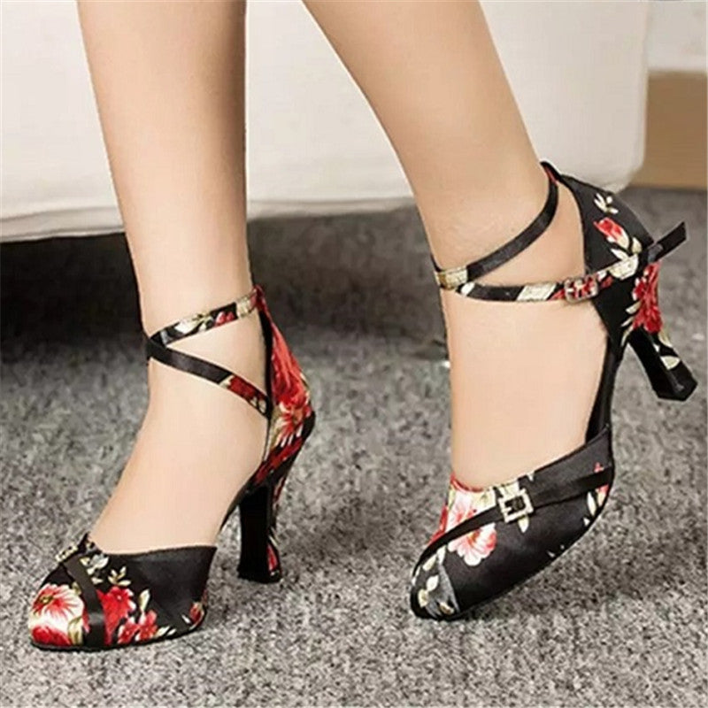 Dance Latin Shoes Women Satin Flowers Ballroom Salsa Shoes Ankle Strap Soft Bottom Party Dance Shoes