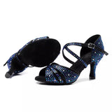 <transcy>Женская танцевальная обувь для вечеринок, атласная обувь для латинских танцев сальсы со стразами и мягкой подошвой, женская танцевальная обувь на каблуке</transcy>