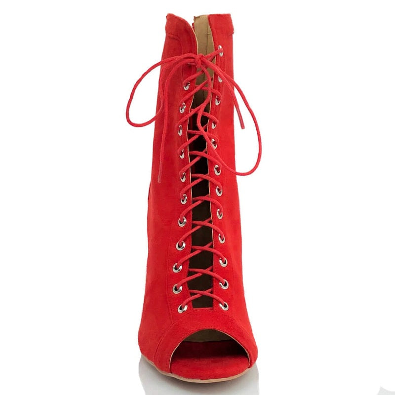 Ballroom Latin Salsa Dance Shoes for Women Suede Lace Up Ankle Boots Red Black