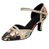 Women Ballroom Modern Shoes Salsa Latin Dance Shoes Ladies Pointed Toe Satin Soft Sole Flower Black
