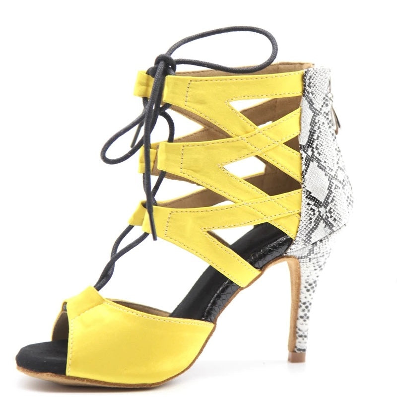 <transcy>Zapatos de baile latino para mujer, zapatos de baile de salsa amarillos, sandalias de baile de salón de tacón alto de 8,5 cm para mujer</transcy>