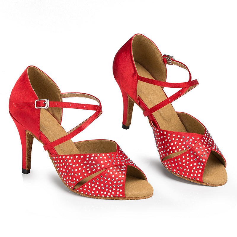 Women Red Latin Dance Shoes Satin Rhinestone Salsa Ballroom Dancing Shoes Custom Heel