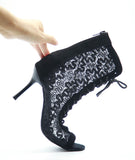 Flock Lace Women Latin Ballroom Dance Boots Zipper Black Salsa Dancing Shoes For Wedding Party