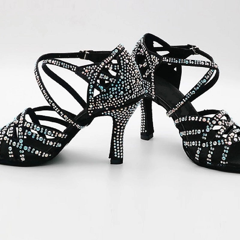<transcy>Salón de baile de diamantes de imitación Zapatos de baile latino Mujeres Salsa Waltz Sandalias Swing Zapatos de tacón alto</transcy>