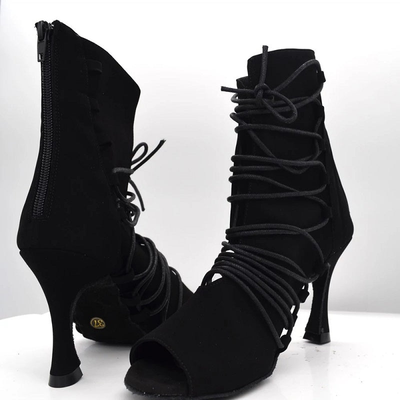 <transcy>Модная танцевальная обувь Черные ботинки Латинская Сальса Бальные женские туфли на высоком каблуке</transcy>