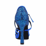 Latin Dance Shoes Size Customized Heel Height Women Ballroom Salsa Satin Professional Shoes Blue