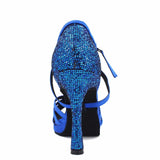 Latin Dance Shoes Size Customized Heel Height Women Ballroom Salsa Satin Professional Shoes Blue