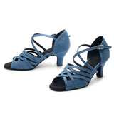 Ladies Latin Dance Shoes Denim Flare Heels Women Dancing Shoes