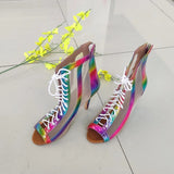 Latin Dance Boots Rainbow Bachata Salsa Dancing Shoes for Women Girls Ballroom Dance Shoes PU Mesh