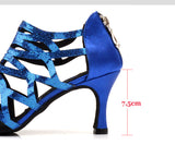 Women Latin Dance Shoes Blue Sequined Satin Sandals Ballroom Dance Shoes For Women Salsa Shoes