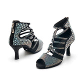Ladies Crystal Collection Shoes Black Satin Flare Heels Latin Ballroom Dance Shoes Rhinestone Salsa Dancing Boots