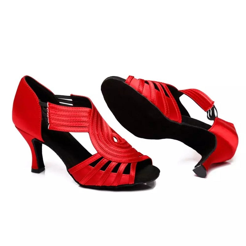 Red Black Latin Ballroom Dance Shoes Satin Slip On Girls Ladies Women Salsa Dance Shoes Sandals